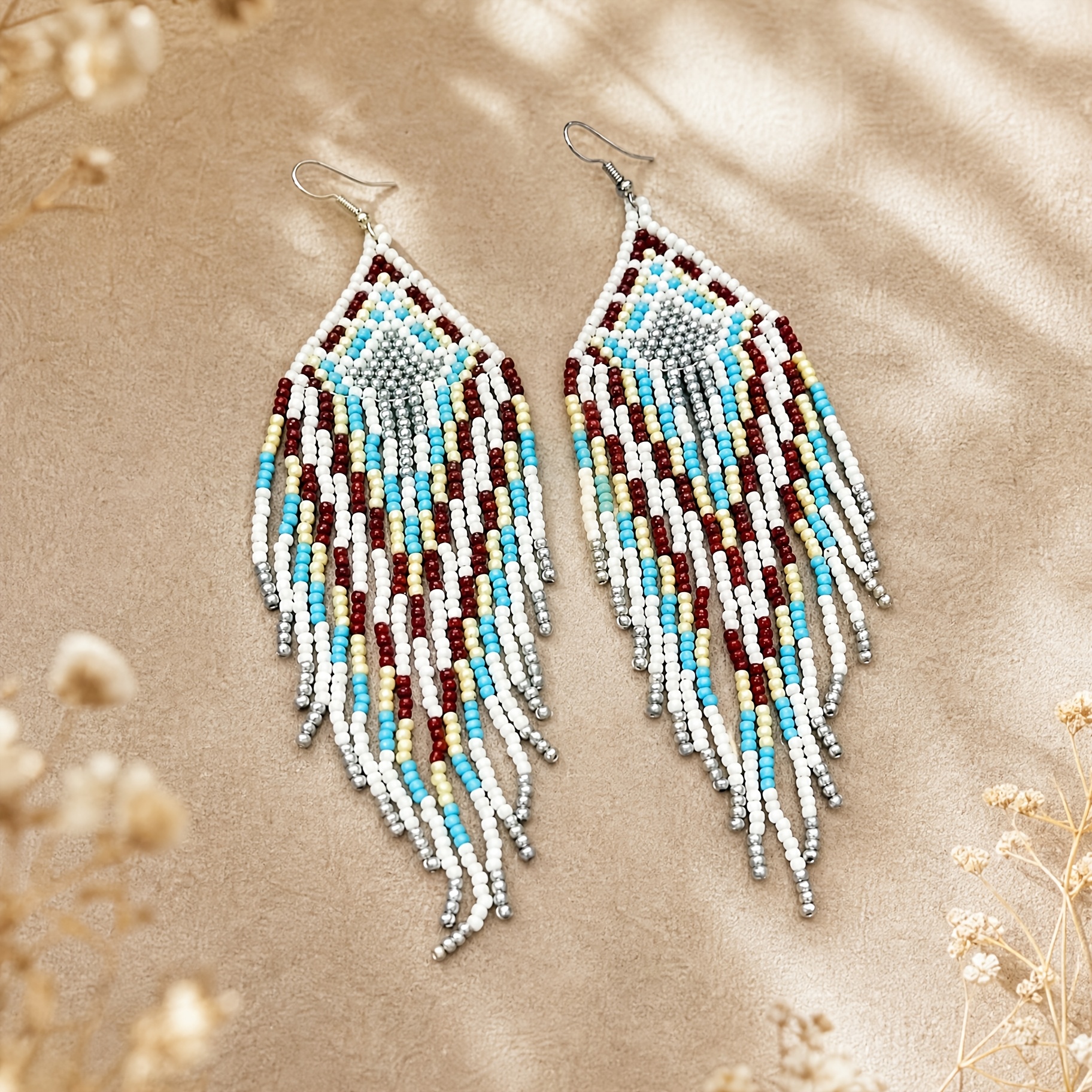 Boho Vintage Style Geometric Beaded Fringe Earrings
